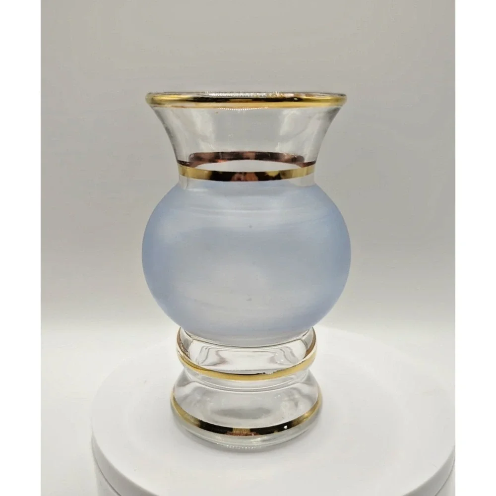 Vintage Bartlett Collins Frosted Mini Bud Vase Pale Blue Gold Accent 4in MCM